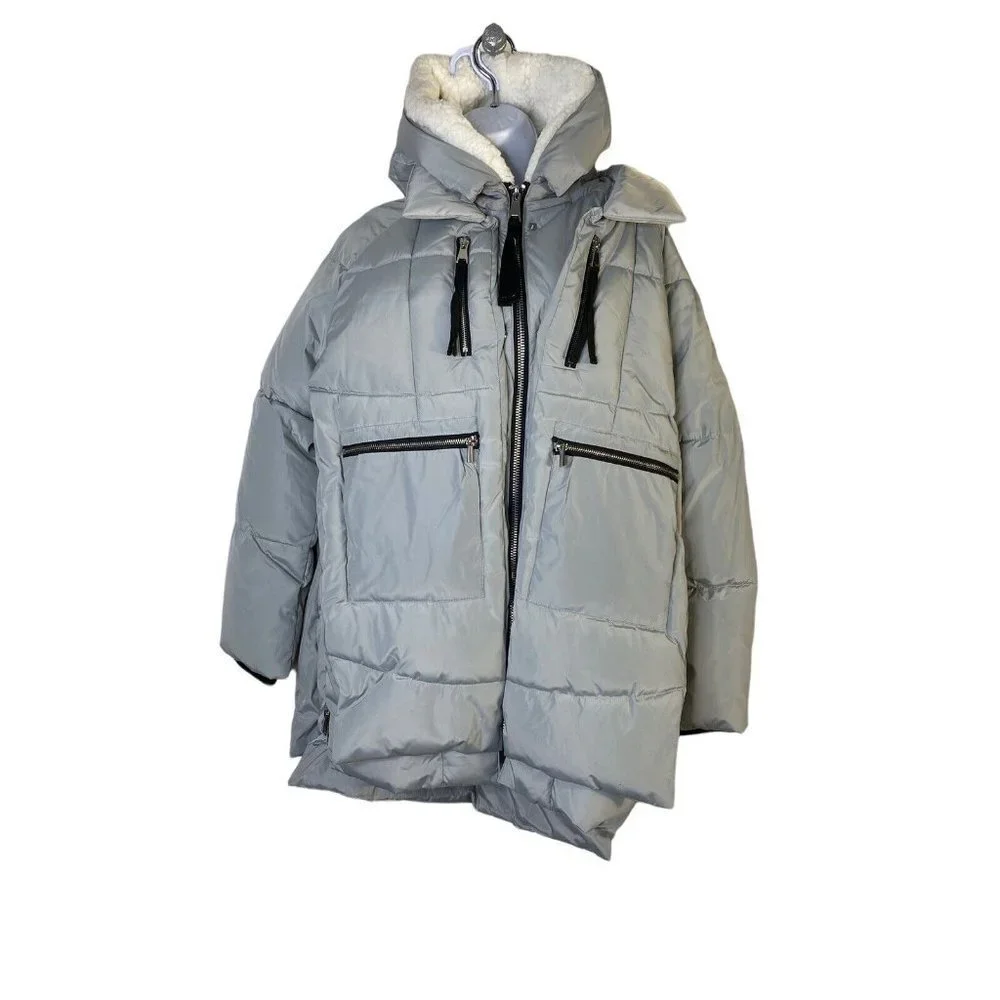 Bagatelle Sport Womens Grey Utility Faux Shearling Lined Hood Puffer‎ Coat SZ M